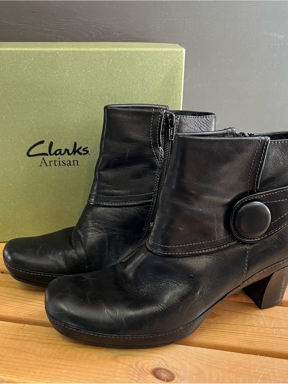 Clarks Black Leather Ankle Booties with Button Strap